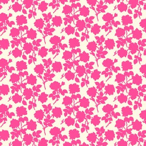 May include: A repeating pattern of vibrant pink rose silhouettes on a cream backdrop. The roses are in various stages of bloom, with detailed leaves and stems. The design is evenly spaced, creating a floral print.