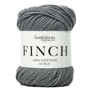 May include: A skein of gray 10-ply cotton yarn labeled "Fiddlesticks Knitting Yarn Finch 100% Cotton 10 Ply"