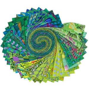May include: A roll of green, blue and yellow fabric squares with various patterns. The fabric squares are rolled up in a spiral shape.