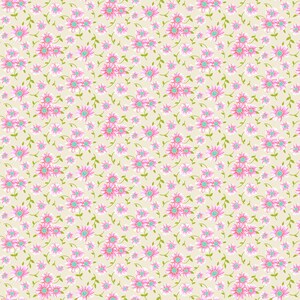 May include: A floral pattern with pink daisy-like flowers with teal centres and white accents, set against a light beige background. Green vines and leaves intertwine among the flowers, creating a dense, all-over design.