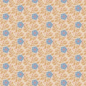 May include: A seamless pattern featuring blue flowers with pink and gold leaves on a beige background.