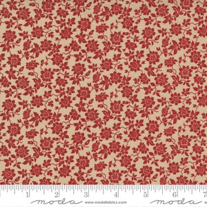 May include: Red floral print fabric with a beige background. The fabric has a small-scale floral pattern with red flowers and leaves on a beige background.