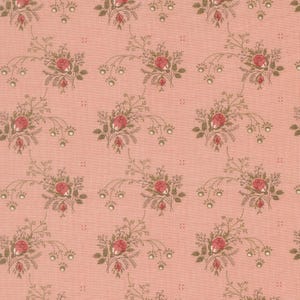 May include: A repeating pattern of pink fabric with a floral design. The pattern features clusters of red roses with green leaves and stems, along with smaller floral accents. The background is a solid, light pink color.