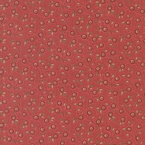 May include: A seamless pattern featuring a red background with a subtle texture. Delicate vines with small, round, pinkish-red flowers and olive-green leaves are evenly distributed across the surface, creating a floral design.