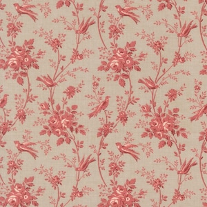 May include: A fabric with a repeating pattern of red roses, birds, and foliage on a beige background. The design features detailed floral and avian elements, creating a classic, vintage aesthetic. Ideal for home decor or crafting projects.