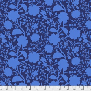 May include: A seamless pattern featuring blue floral silhouettes on a dark blue background. The pattern is made up of various sizes and shapes of flowers and leaves, creating a delicate and intricate design.