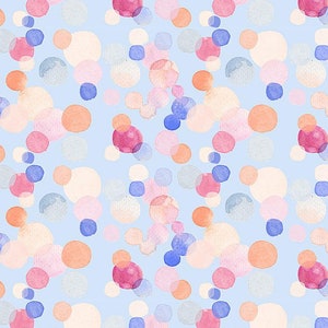 以下が含まれることがあります： 淡い青色の背景に、ピンク、オレンジ、青、ベージュの水彩風の円が描かれたシームレスパターン。円のサイズと透明度は様々で、レイヤー効果を生み出しています。生地、壁紙、デジタルアートに適しています。