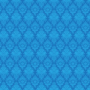 May include: A repeating floral damask pattern in shades of blue. The design features detailed, textured floral elements set against a blue background, creating a seamless and ornate appearance.