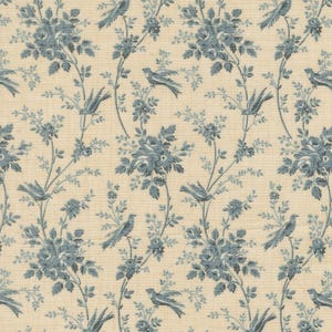 May include: A seamless pattern featuring a cream-colored background with a repeating design of blue floral bouquets and perched birds. The design has a vintage, toile-like aesthetic, suitable for fabric or wallpaper.