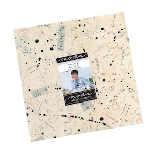 May include: A square fabric swatch featuring a cream background with a black ink splatter pattern, mathematical equations, geometric shapes, and numbers in orange and teal. A central label reads Moda Data by Janet Clare Fabrics Supplies.