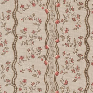 May include: A repeating pattern of fabric featuring vertical stripes with a floral design. The stripes are separated by wavy borders in a dark brown color. The floral elements are in shades of pink and brown.