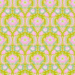 May include: A repeating pattern featuring stylized flowers in pink, pale green, and white on a yellow-green backdrop. The floral design is symmetrical, with large central blooms and smaller floral accents.