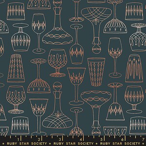 May include: A teal blue background with a repeating pattern of various styles of glasses and decanters in a copper color. The glasses and decanters are outlined in white.