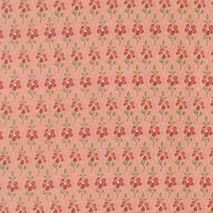 May include: A repeating pattern of red flowers and green leaves on a light pink background. The flowers are arranged in a diamond pattern with dotted lines. The overall design has a vintage, floral theme.