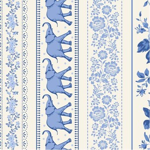 May include: A patterned fabric featuring vertical stripes in light blue and cream. The design includes repeating motifs of blue elephants, intricate floral vines, and delicate lace-like borders, creating a structured and repetitive visual composition.