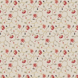 May include: A repeating pattern of red flowers with yellow centres and green leaves on a beige backdrop. The floral design includes delicate stems and buds, creating a vintage or botanical aesthetic. Suitable for fabric or wallpaper.