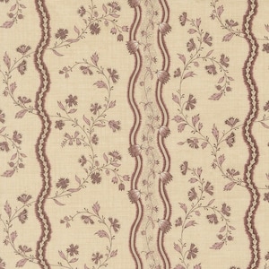 May include: Cream-colored fabric with a repeating floral pattern. The design features vertical stripes with a wavy, dark burgundy border. Delicate floral vines and leaves in shades of burgundy and pink fill the space between the borders.