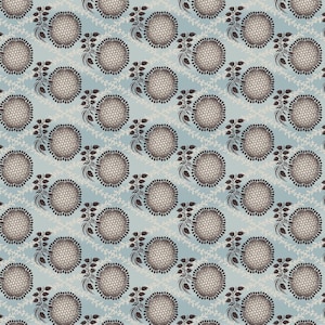 May include: A repeating pattern featuring large, circular floral designs with a textured, honeycomb-like center. The flowers are surrounded by dark brown petals and stems with leaves. The background is a light blue with a subtle, white, crisscross pattern.
