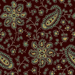 May include: A seamless pattern featuring a paisley design in shades of green and gold on a dark brown background.