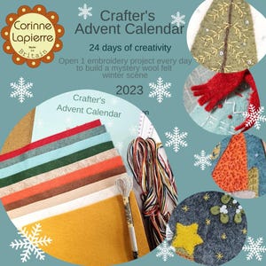 May include: A felt craft kit for an Advent calendar. The kit includes felt squares in various colours, embroidery floss, a needle, and a printed pattern. The image also shows examples of completed felt ornaments, including a star, a tree, and a bird.