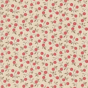 May include: A seamless pattern featuring a cream-colored background with a repeating floral design. The pattern includes small, red roses with green leaves and brown stems, creating a delicate and vintage aesthetic.