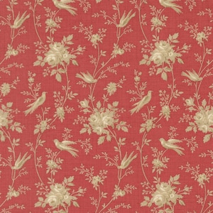 May include: A repeating pattern featuring cream-colored birds and floral bouquets on a red background. The design includes roses, leaves, and branches, creating a vintage, botanical aesthetic. The fabric has a textured appearance.