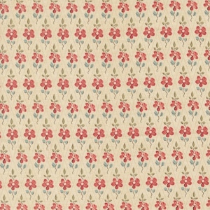 May include: A repeating pattern of red flowers with green leaves and blue accents on a cream-colored background. The floral design is arranged in a diamond grid, creating a vintage or cottagecore aesthetic. The fabric has a textured appearance.