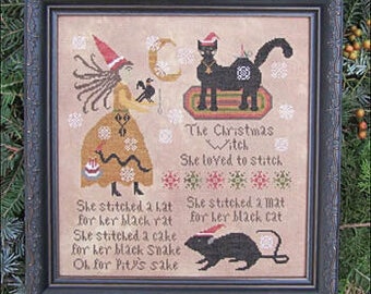 May include: A cross-stitch pattern featuring a witch in a red hat and a black cat. The text reads "The Christmas Witch She loved to stitch She stitched a hat for her black rat She stitched a mat for her black cat She stitched a cake for her black Snake Oh for Pity's sake"