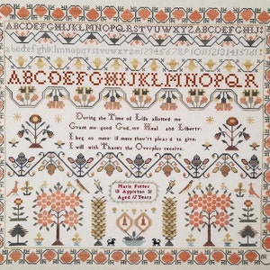 May include: A white sampler with a colorful alphabet, floral designs, and a poem that reads "During the Time of Life allotted me Grant me good God.my Meal and Liberty. I beg no more if more thou'rt pleas'd to give, I will with Thanks the Overplus receive." The sampler is signed "Maria Futter 18 Appleton 31 Aged 12 Years."