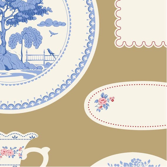 TILDA Something Blue Co-ordinates - Labels & Ornaments Ochre 110172 - Fat Quarter