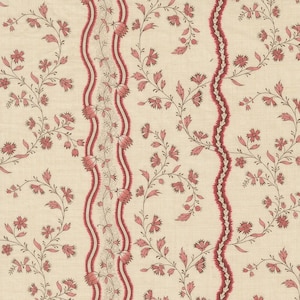 May include: Cream-colored fabric with a repeating floral pattern in shades of pink and red. The design features delicate flowers and leaves on winding stems, with vertical wavy stripes.