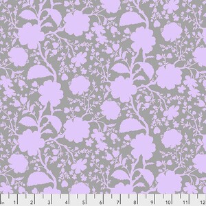 May include: A seamless pattern featuring a repeating design of light purple floral silhouettes on a grey background.