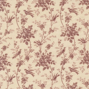 May include: Cream-colored fabric with a repeating pattern of burgundy birds, flowers, and branches. The design features detailed illustrations of birds perched on flowering branches, creating a classic, vintage aesthetic. Ideal for upholstery or crafting.