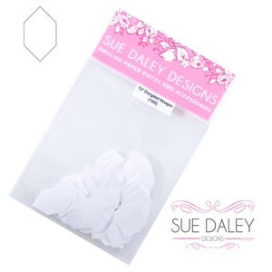 May include: A pack of white paper die cuts in the shape of a 12-pointed star. The pack is labelled "Sue Daley Designs English Paper Piecing and Applique" and "12-pointed Hexagon (2500)".