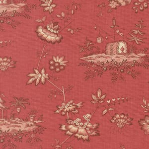 May include: A seamless pattern featuring a red background with a detailed floral and landscape design in shades of cream and brown. The pattern includes stylized flowers, leaves, and miniature buildings, creating a classic toile aesthetic.