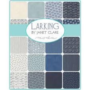 May include: A selection of fabric swatches in shades of blue and white, showcasing diverse patterns such as stripes, florals, and geometric shapes. The text "Larking by Janet Clare Moda" is presented within an oval frame. The swatches are set against a light blue backdrop.