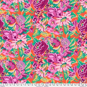 May include: A colourful floral fabric with a repeating pattern of large, stylised flowers. The design features blooms in shades of pink, fuchsia, and purple, set against a bright orange background. Green leaves and yellow accents add contrast to the colourful print.
