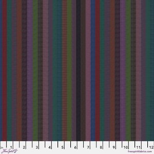 May include: Fabric featuring vertical stripes in a range of colours such as red, blue, green, and purple. The stripes vary in width, creating a textured effect. Suitable for quilting or craft projects. Measurements are in inches.