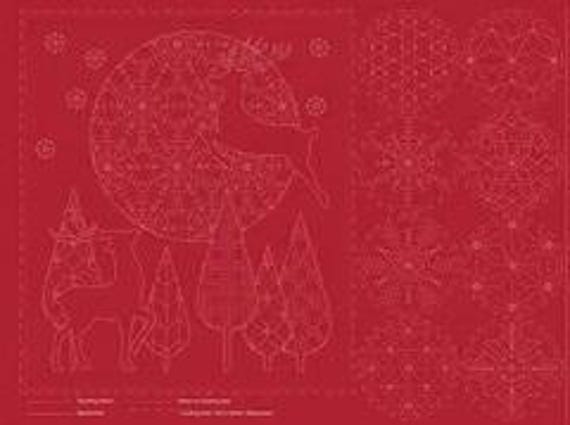 Botanical Sashiko Panel DV4082-1 - Christmas Red - Cloth only