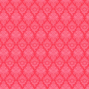 May include: A repeating floral damask pattern in shades of pink and red. The design features a symmetrical arrangement of detailed floral motifs, creating a textured and ornate appearance. The background is a solid red, giving a classic look.