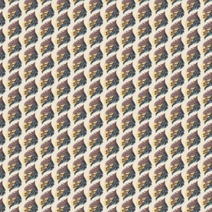 May include: A repeating pattern of stylized floral designs in shades of blue, yellow, and pink on a cream background.