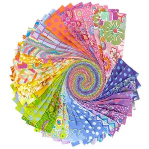 May include: A vibrant display of fabric squares arranged in a spiral. The fabrics feature diverse patterns like polka dots and floral designs, in a rainbow of colours, from blues and purples to pinks and yellows.