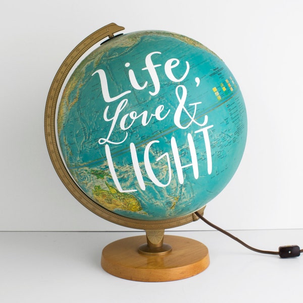 World Globe Lamp - 12 inch painted Globe - Life Love & Light- Blue Inspirational Vintage Travel Office Decor WildandFreeDesigns