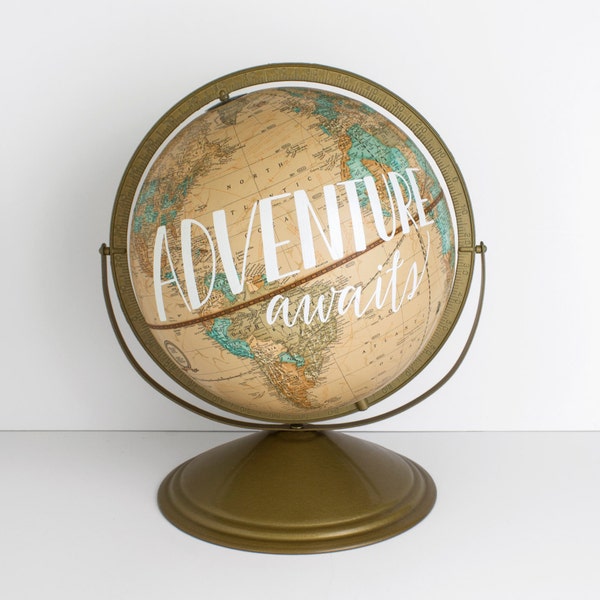 World Globe Tan 12 inch painted Adventure Awaits Wanderlust Vintage Travel Boho Decor Wild and Free Designs