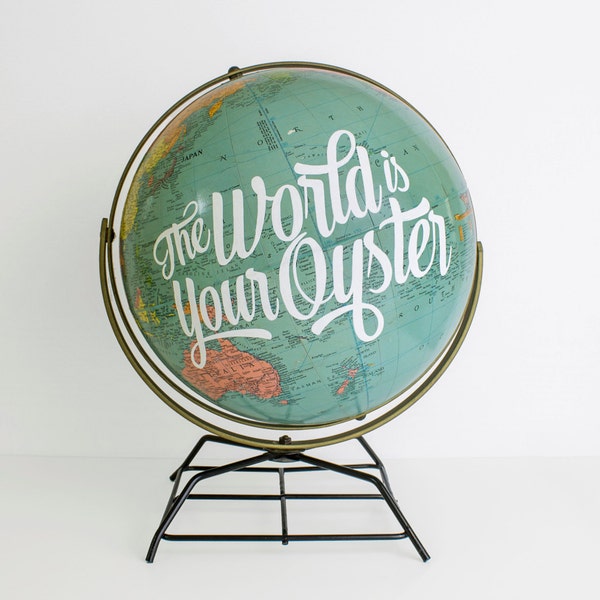 World Globe 12in Vintage Repurposed, Wedding Decor, Typography, Travel Nursery, Adventure Quote