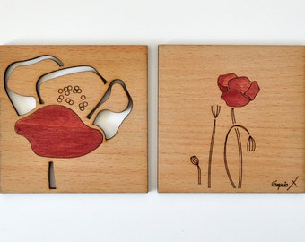 Poppies wood lasercut square coasters spring-gift for her, engraved & hand-painted flower fresh home decor, living room stylish accessory