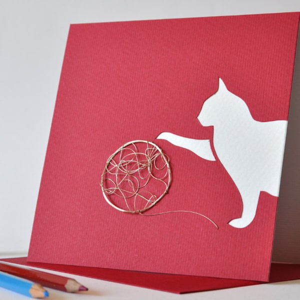 Kitty greeting card-animal lovers' gift to-be-framed, cat playing with wire-wool on papercut collage, pet-friendly vet's birthday wishes
