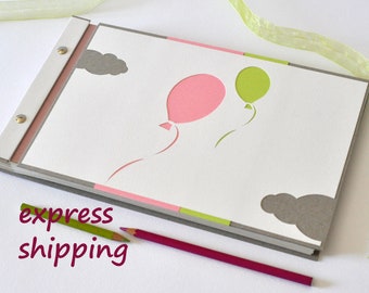 Rose &lime balloons photo album- girlfriend's eco gift, papercut handcover sketchbook for her, baptism wish book/ baby shower gift for twins