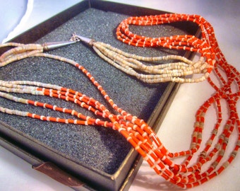 NAVAJO Native American coral 6-strand 30" necklace