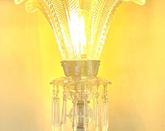 RARE PAIR! (2) Hollywood Regency Crystal Murano Plume LEAF table lamps 1940s